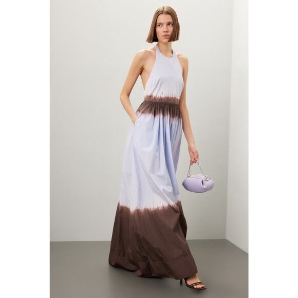 A. L. C. Multicolored Cotton Tan White Halter Neck Maxi Dress Size 6 - Picture 1 of 16